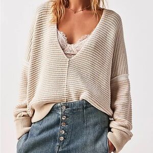 Free People We The Free Into You Pullover Cream Tan Thermal Waffle Small